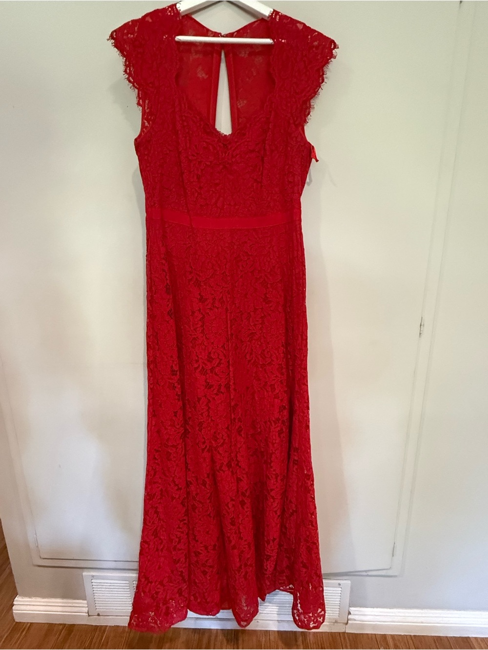 BCBGMaxAzria Red Lace Maxi Dress with Cap Sleeves